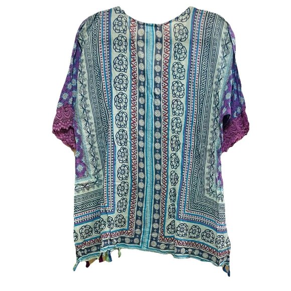 KALYPSO 7 Blue and Purple Boho Embroidered Tasseled Shirt Sz S - Picture 8 of 8